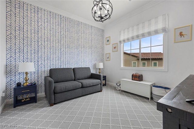 4220 San Alivia Ct, Las Vegas, NV 89141 - living room featuring baseboards, crown molding, a chandelier, wallpapered walls, and an accent wall
