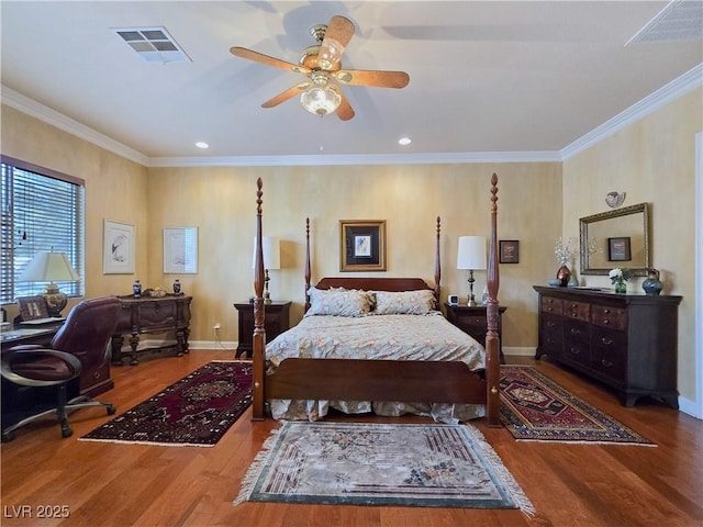 5445 Pendini Point Ct, Las Vegas, NV 89141 - bedroom with wood finished floors, an office area, crown molding, baseboards, and recessed lighting