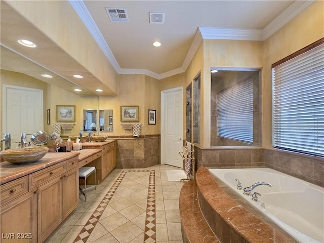 5445 Pendini Point Ct, Las Vegas, NV 89141 - bathroom with a bath, recessed lighting, double vanity, tile patterned floors, and crown molding