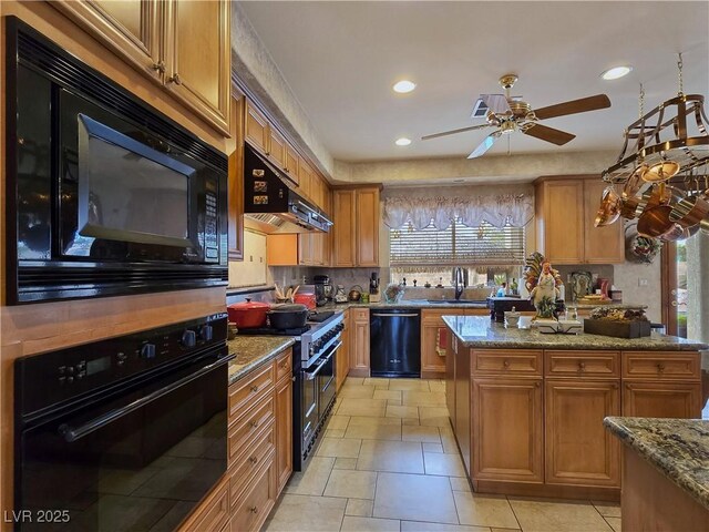 5445 Pendini Point Ct, Las Vegas, NV 89141 - kitchen featuring black appliances, under cabinet range hood, a sink, ceiling fan, and recessed lighting