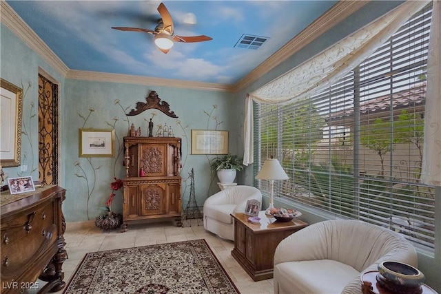 5445 Pendini Point Ct, Las Vegas, NV 89141 - sitting room featuring a ceiling fan, light tile patterned flooring, and ornamental molding