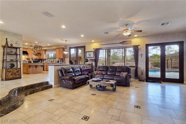 5445 Pendini Point Ct, Las Vegas, NV 89141 - living room featuring french doors, recessed lighting, and a ceiling fan