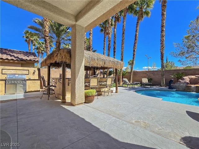 5445 Pendini Point Ct, Las Vegas, NV 89141 - view of swimming pool featuring a patio, a gazebo, a grill, and a fenced backyard