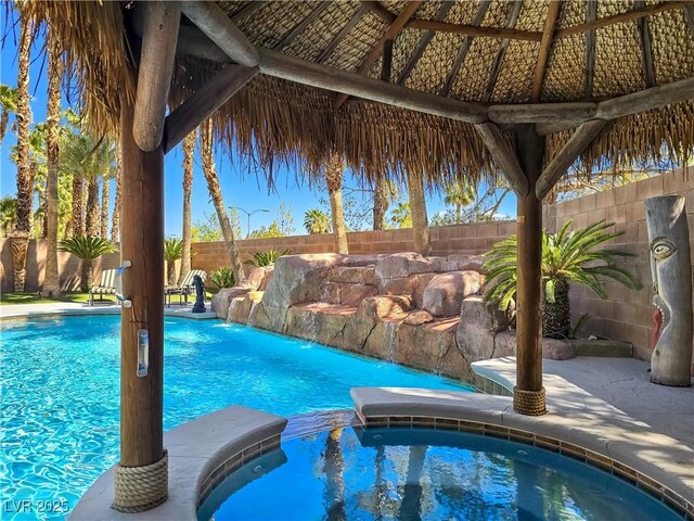 5445 Pendini Point Ct, Las Vegas, NV 89141 - view of pool with a gazebo, a fenced backyard, and a pool with connected hot tub