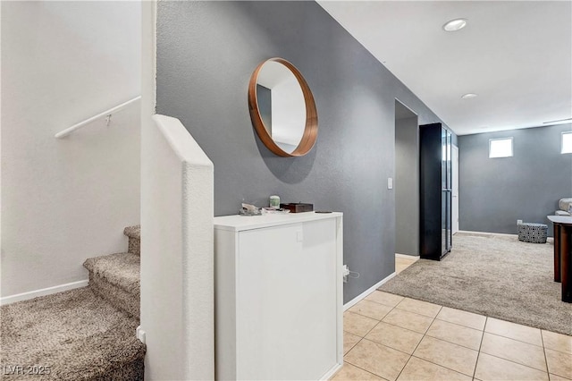 9065 Adorable Ave, Las Vegas, NV 89149 - staircase with carpet flooring, tile patterned floors, baseboards, and recessed lighting
