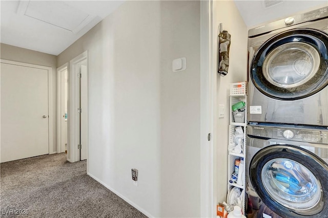 9065 Adorable Ave, Las Vegas, NV 89149 - washroom featuring stacked washer and clothes dryer and carpet flooring