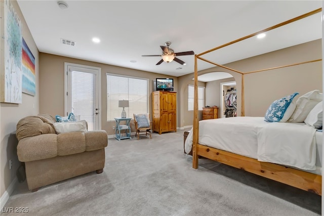 7778 Villa Montara St, Las Vegas, NV 89123 - bedroom with baseboards, light carpet, a spacious closet, recessed lighting, and ceiling fan