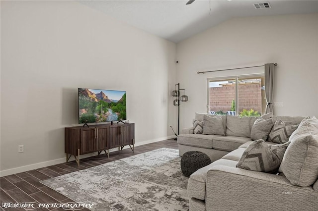 942 Shadow Hawk Rdg, Mesquite, NV 89027 - living room featuring a ceiling fan, dark wood finished floors, baseboards, and high vaulted ceiling