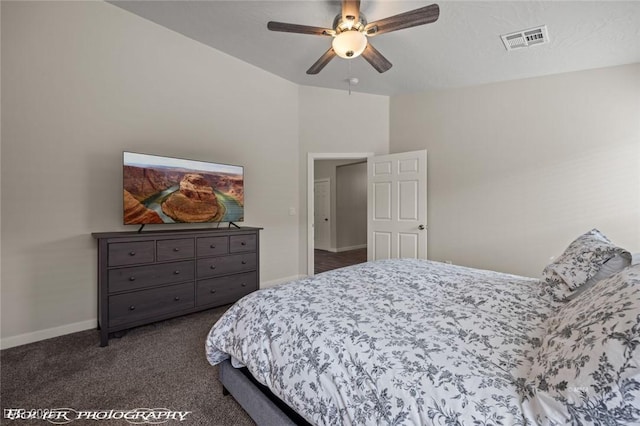 942 Shadow Hawk Rdg, Mesquite, NV 89027 - bedroom with dark carpet, baseboards, ceiling fan, and vaulted ceiling
