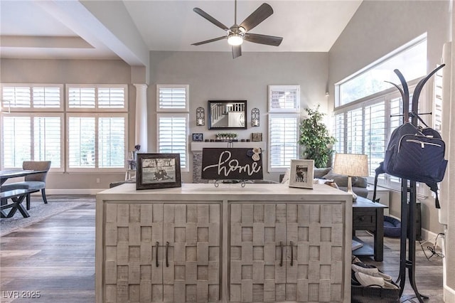 53 Grossinger Ct, Henderson, NV 89074 - living area with a ceiling fan, plenty of natural light, wood finished floors, and baseboards
