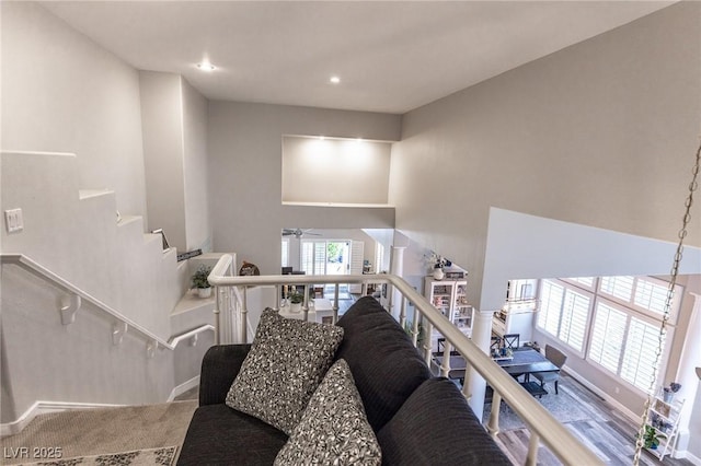 53 Grossinger Ct, Henderson, NV 89074 - living area with a ceiling fan, baseboards, stairway, and recessed lighting