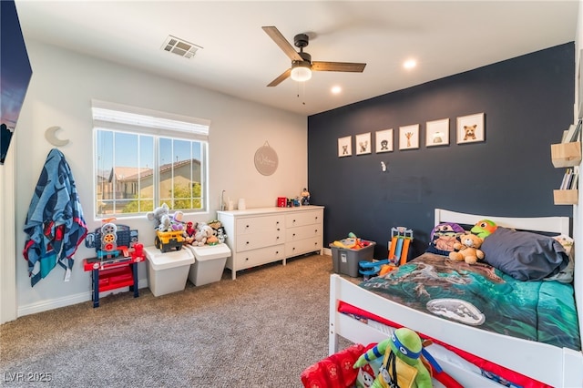 carpeted bedroom with a ceiling fan, recessed lighting, and baseboards