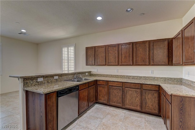 952 Crescent Falls St, Henderson, NV 89011 - kitchen with stainless steel dishwasher, a sink, a peninsula, light stone counters, and recessed lighting