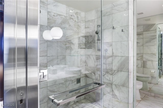 4381 W Flamingo Rd Unit 2122, Las Vegas, NV 89103 - full bathroom featuring toilet, a stall shower, elevator, tile walls, and marble look tile flooring