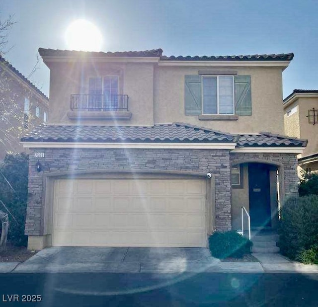 7563 Captain Lord Ct, Las Vegas, NV 89166 - view of front of house featuring a garage, a balcony, a tile roof, stone siding, and stucco siding