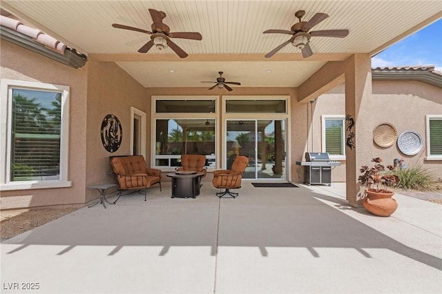 7719 Villa Montara St, Las Vegas, NV 89123 - view of patio / terrace with ceiling fan, grilling area, and an outdoor fire pit