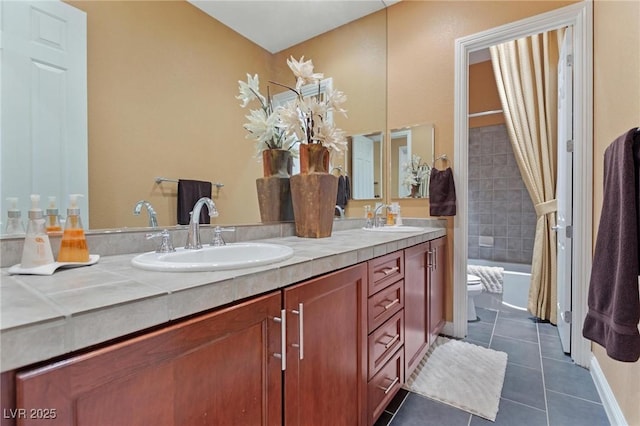 7719 Villa Montara St, Las Vegas, NV 89123 - bathroom with tile patterned floors, toilet, double vanity, and shower / tub combo with curtain