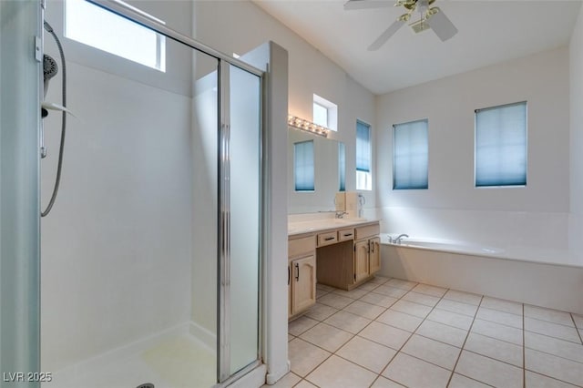 494 Dart Brook Pl, Henderson, NV 89012 - bathroom featuring a shower stall, vanity, a ceiling fan, and a bath