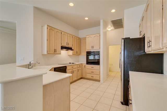 494 Dart Brook Pl, Henderson, NV 89012 - kitchen with black appliances, a sink, light brown cabinetry, under cabinet range hood, and a peninsula