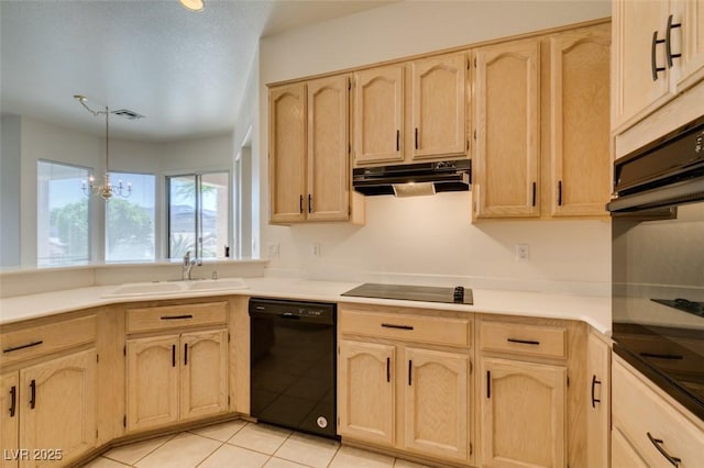 494 Dart Brook Pl, Henderson, NV 89012 - kitchen with black appliances, light brown cabinetry, under cabinet range hood, a sink, and light tile patterned floors