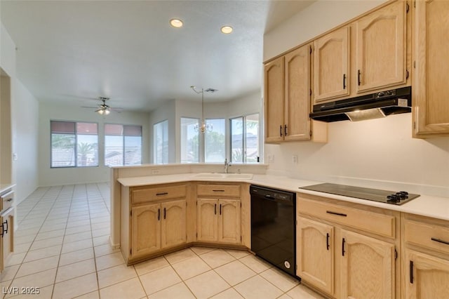 494 Dart Brook Pl, Henderson, NV 89012 - kitchen featuring black appliances, under cabinet range hood, a sink, light brown cabinetry, and recessed lighting
