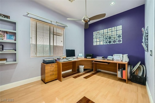 10310 Songsparrow Ct, Las Vegas, NV 89135 - office area with wood finished floors, a ceiling fan, baseboards, and recessed lighting