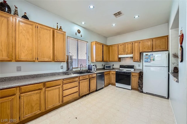 10310 Songsparrow Ct, Las Vegas, NV 89135 - kitchen with white appliances, a sink, light floors, brown cabinetry, and under cabinet range hood