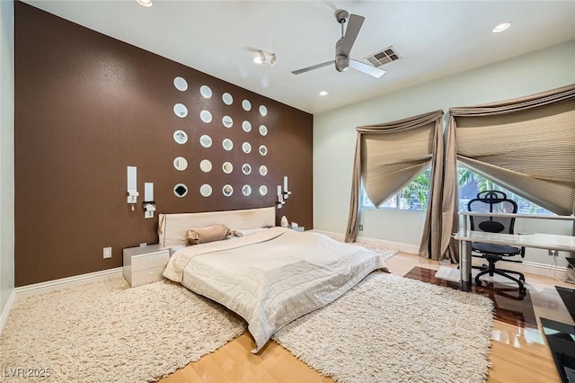 10310 Songsparrow Ct, Las Vegas, NV 89135 - bedroom featuring light wood-style flooring, a desk, recessed lighting, baseboards, and ceiling fan