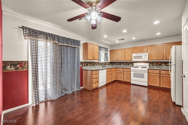 9165 Starling Wing Pl, Las Vegas, NV 89143 - kitchen featuring white appliances, a sink, ceiling fan, dark wood finished floors, and recessed lighting