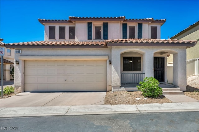 9165 Starling Wing Pl, Las Vegas, NV 89143 - mediterranean / spanish-style house featuring a porch, stucco siding, concrete driveway, a garage, and a tile roof