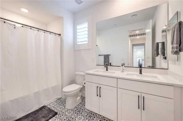 201 Carmel Sky St, Las Vegas, NV 89138 - bathroom featuring double vanity, tile patterned flooring, shower / bathtub combination with curtain, and recessed lighting