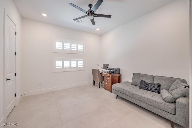 201 Carmel Sky St, Las Vegas, NV 89138 - sitting room featuring an office area, ceiling fan, recessed lighting, and light tile patterned flooring