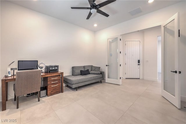 201 Carmel Sky St, Las Vegas, NV 89138 - office area with ceiling fan, french doors, recessed lighting, and light tile patterned floors