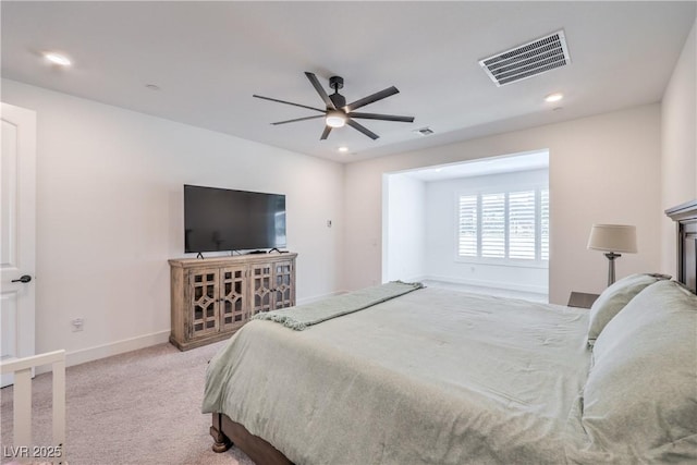 201 Carmel Sky St, Las Vegas, NV 89138 - bedroom with light colored carpet, ceiling fan, and recessed lighting