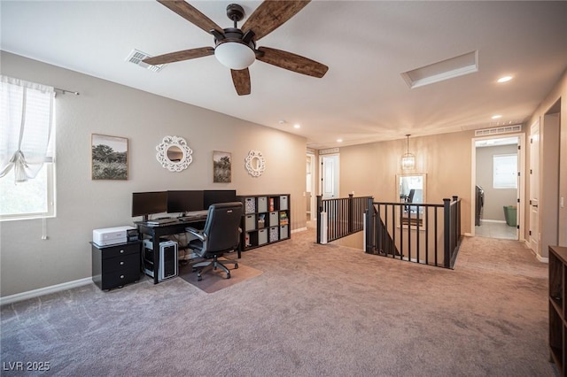 3698 Regatta Landing Dr, Las Vegas, NV 89141 - carpeted office space with attic access, recessed lighting, baseboards, healthy amount of natural light, and a ceiling fan
