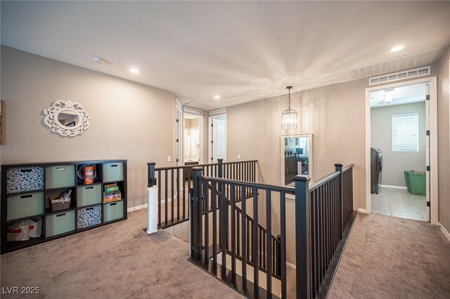 3698 Regatta Landing Dr, Las Vegas, NV 89141 - corridor featuring an upstairs landing, carpet, recessed lighting, and baseboards