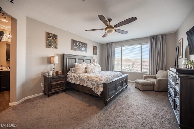 3698 Regatta Landing Dr, Las Vegas, NV 89141 - bedroom featuring carpet flooring, baseboards, a ceiling fan, and ensuite bath