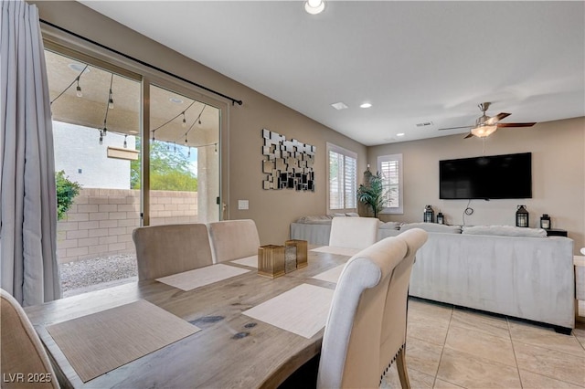 dining space featuring a ceiling fan, recessed lighting, and light tile patterned floors