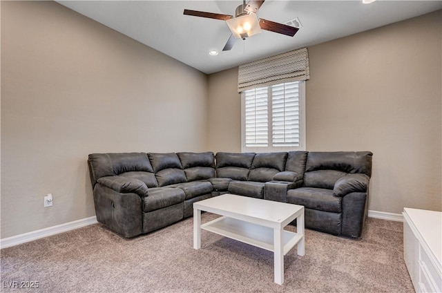 living area with ceiling fan, light carpet, baseboards, and recessed lighting