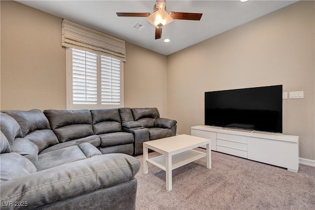 living area with ceiling fan, carpet flooring, recessed lighting, and baseboards