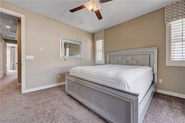 bedroom with carpet floors, baseboards, and ceiling fan