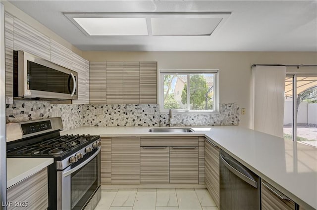 kitchen with stainless steel appliances, a sink, light countertops, and plenty of natural light