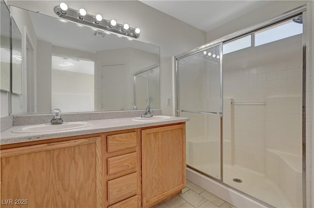 full bathroom with a stall shower, tile patterned flooring, and double vanity