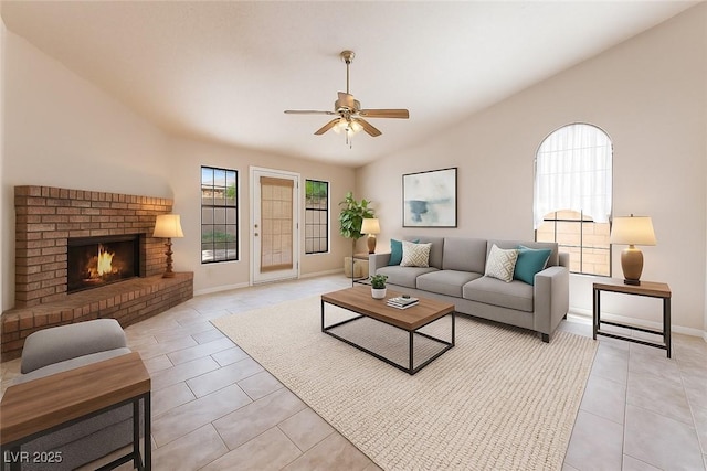 4378 Cherrystone Ct, Las Vegas, NV 89121 - living area featuring light tile patterned flooring, ceiling fan, a brick fireplace, and vaulted ceiling