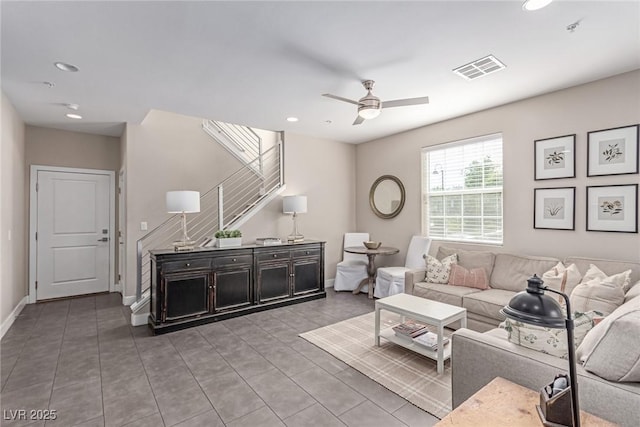 3165 Via Como Dr, Henderson, NV 89044 - living room featuring stairs, recessed lighting, a ceiling fan, baseboards, and light tile patterned floors