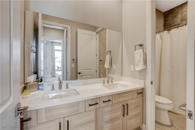 11280 Granite Ridge Dr Unit 1035, Las Vegas, NV 89135 - bathroom with toilet, double vanity, and a shower with curtain