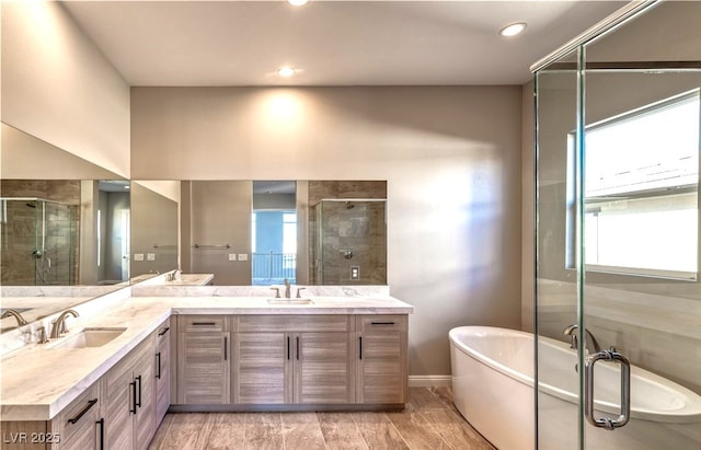11280 Granite Ridge Dr Unit 1035, Las Vegas, NV 89135 - full bath with a shower stall, a freestanding tub, double vanity, baseboards, and recessed lighting