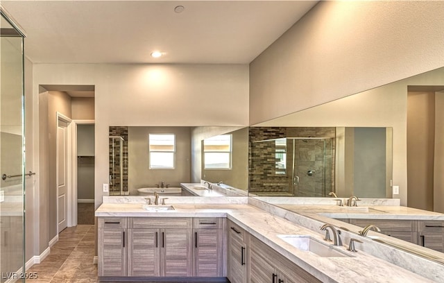 11280 Granite Ridge Dr Unit 1035, Las Vegas, NV 89135 - bathroom featuring a stall shower, double vanity, and a tub to relax in