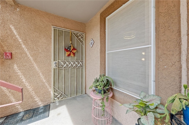 doorway to property featuring stucco siding