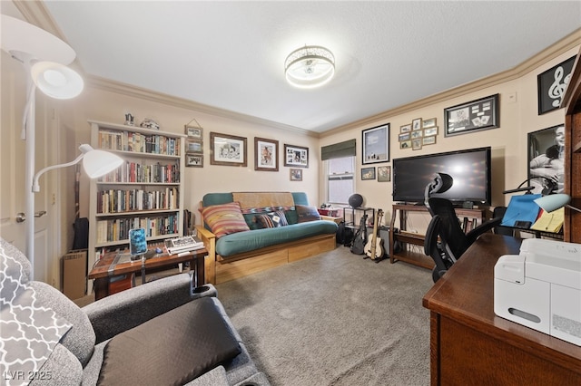 carpeted living room featuring crown molding and a desk